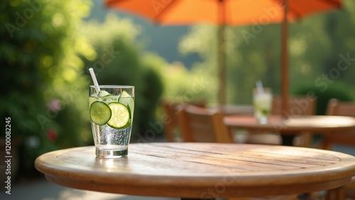 Inviting glass of cucumber-infused water on a wooden table under shaded terrace in café
