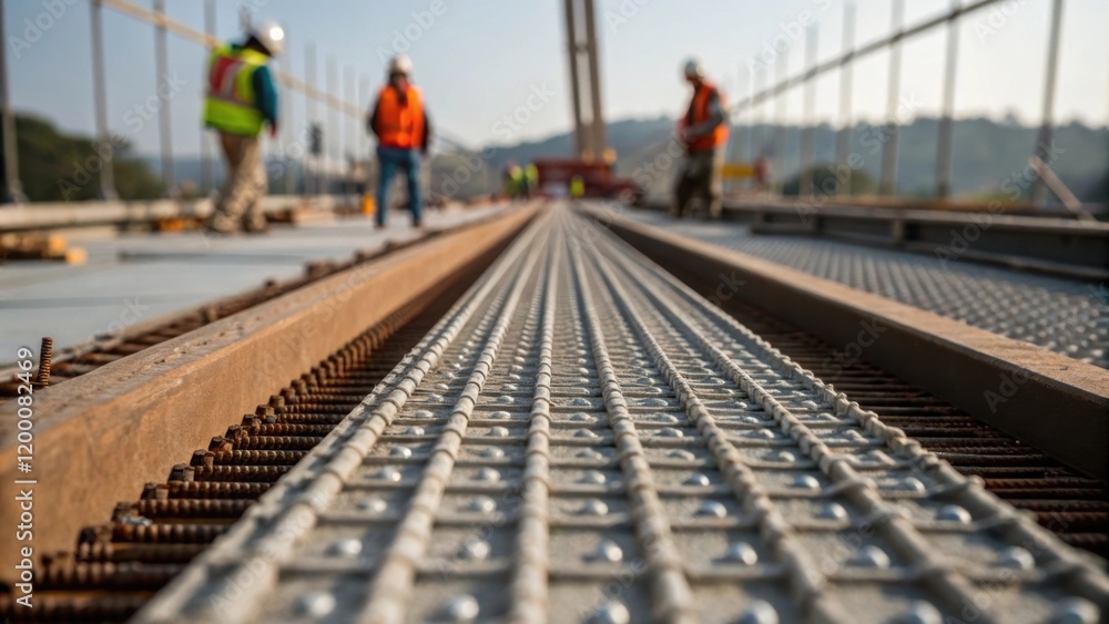 Naklejka premium A medium closeup capturing the intricate surface texture of a prefabricated bridge section with workers in the background engaged in various installation activities showcasing