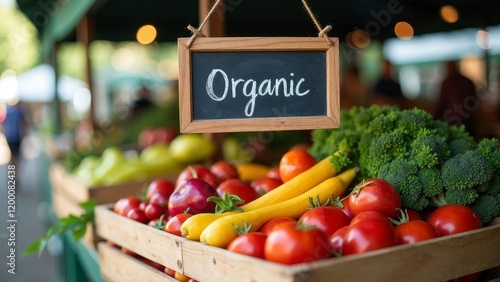 Fresh organic produce at a vibrant farmer's market stall