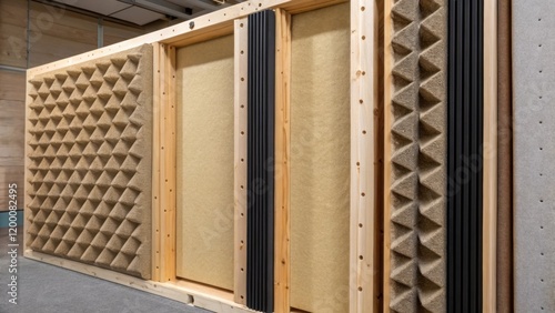 A medium closeup displaying a partially assembled soundproof wall revealing the layers of insulation and sounddampening materials inside.