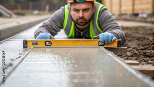 A medium closeup of a construction worker inspecting a newly poured foundation highlighting the texture of the wet concrete and the tools used to ensure a level surface. photo