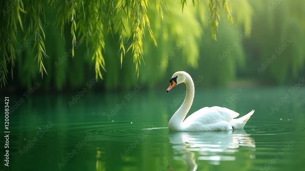 Obraz premium Graceful swan swimming in a tranquil emerald pond surrounded by lush willow branches