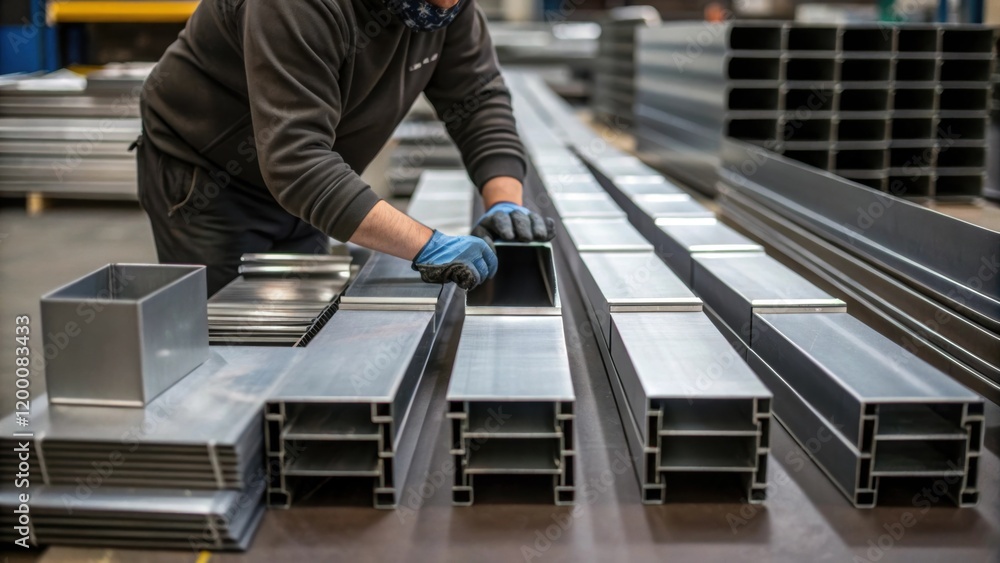 Obraz premium A medium closeup of a fabricator wearing protective gloves carefully aligning metal duct components on a large worktable surrounded by organized stacks of metal sheets and duct