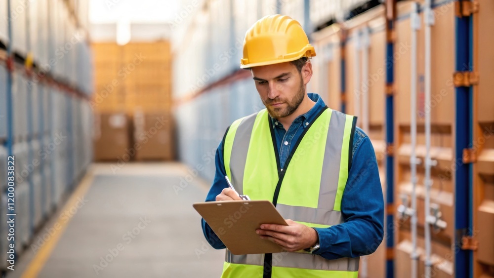 A medium closeup of a logistics worker in a safety vest and hard hat checking an inventory list on a clipboard with a row of containers lined up in the background. A medium closeup of a logistics worker in a safety vest and hard hat checking an inventory list on a clipboard with a row of containers lined up in the background.