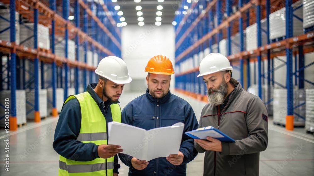 A medium closeup of a group of workers reviewing equipment operation instructions illustrating training and safety protocols in highcapacity storage facility construction. A medium closeup of a group of workers reviewing equipment operation instructions illustrating training and safety protocols in highcapacity storage facility construction.