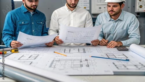 A medium closeup of a group of engineers reviewing blueprints and sensor specifications spread across a workbench with diverse elements of technical documentation nearby. photo