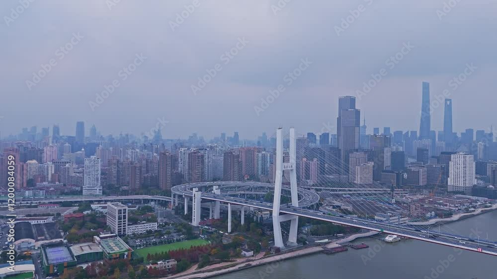 4K Real Time Aerial view of NanPu Bridge and Huangpu river in Shanghai 4K Real Time Aerial view of NanPu Bridge and Huangpu river in Shanghai