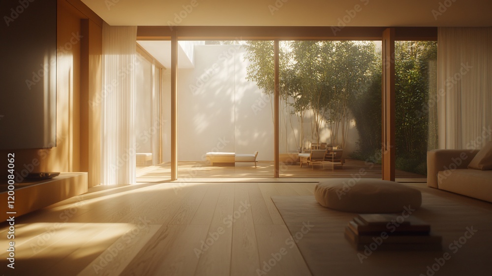 Fototapeta premium Sunlit minimalist living room with patio view.