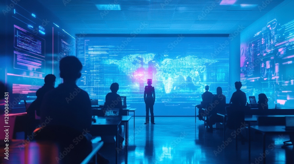 A futuristic classroom where AI tutors holographically teach students using interactive data, ultramodern style A futuristic classroom where AI tutors holographically teach students using interactive data, ultramodern style