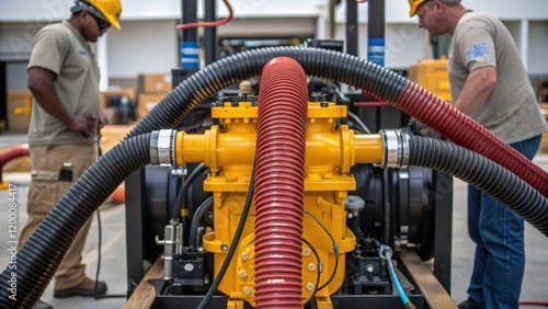 A medium closeup of an industrialgrade pump system being installed with hoses snaking out and workers collaborating to connect equipment. photo