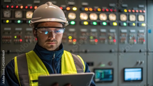 A medium closeup of an operator wearing safety gear intently observing pipeline flow data on a tablet while standing in front of a large complex control panel filled with blinking photo