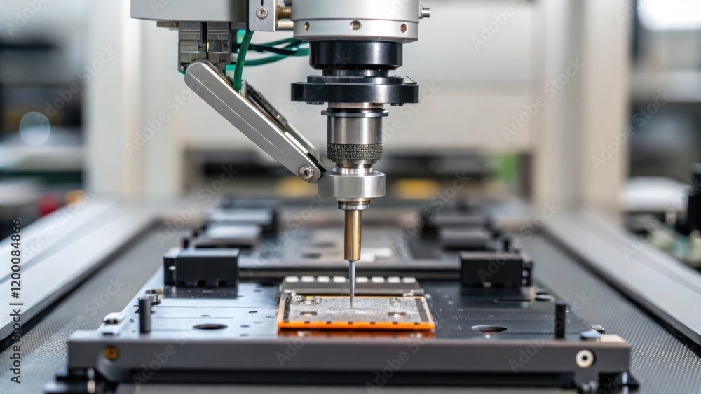 A medium closeup of a robots manipulator performing a fine adjustment on a circuit assembly focused on the detailed movement and tools involved. A medium closeup of a robots manipulator performing a fine adjustment on a circuit assembly focused on the detailed movement and tools involved.