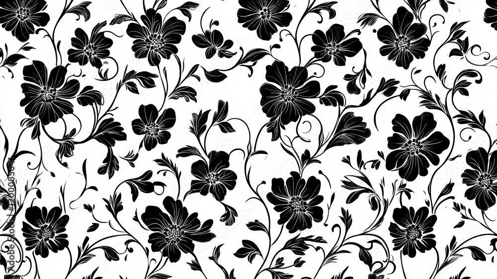 Floral Wallpaper Pattern Showcasing Repeating Black Flowers on a White Background for Stylish Interior Design Floral Wallpaper Pattern Showcasing Repeating Black Flowers on a White Background for Stylish Interior Design