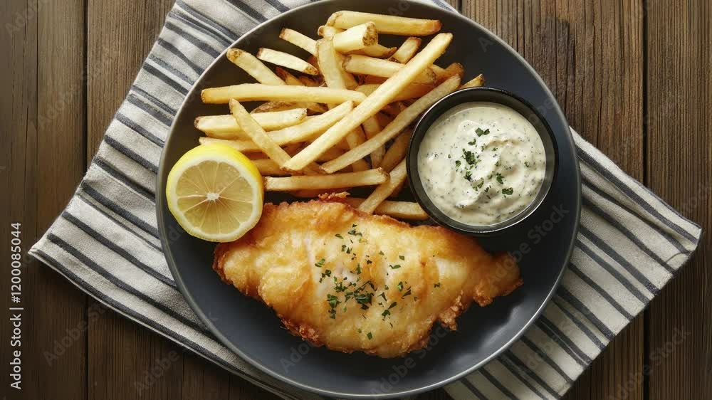Delicious Plate of Fish and Chips on a Wooden Table with Space for Copy Delicious Plate of Fish and Chips on a Wooden Table with Space for Copy