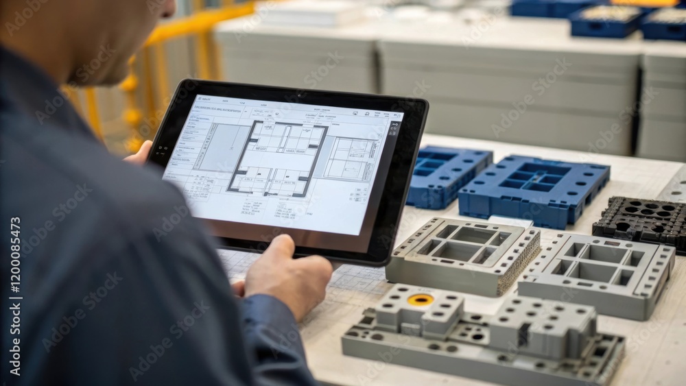 Fototapeta premium A medium closeup of a technician reviewing a digital blueprint displayed on a tablet with various modular components visible in the foreground highlighting the planning aspect of