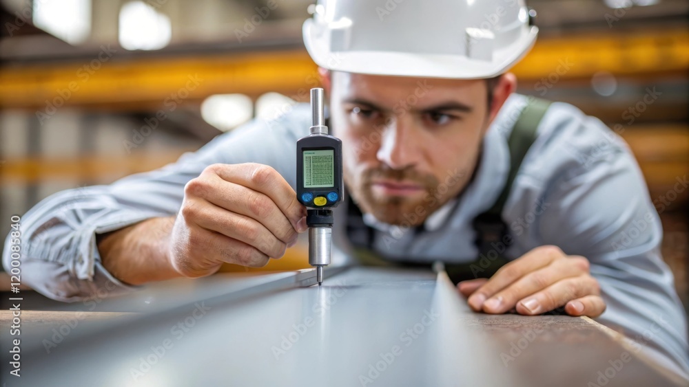 A medium closeup of a worker checking the thickness of the applied coating with a micrometer showcasing the attention to detail and dedication to quality in the job. A medium closeup of a worker checking the thickness of the applied coating with a micrometer showcasing the attention to detail and dedication to quality in the job.