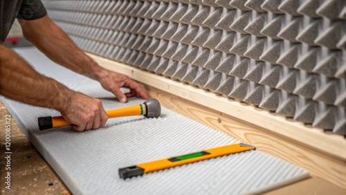 A medium closeup of a worker attaching soundabsorbing material to a fiberglass barrier capturing the hand tools and the intricate details of the construction effort. photo