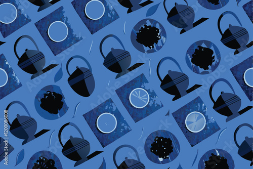 Create a seamless pattern featuring charming icons related to tea, such as teacups, teapots, tea leaves, and teabags.