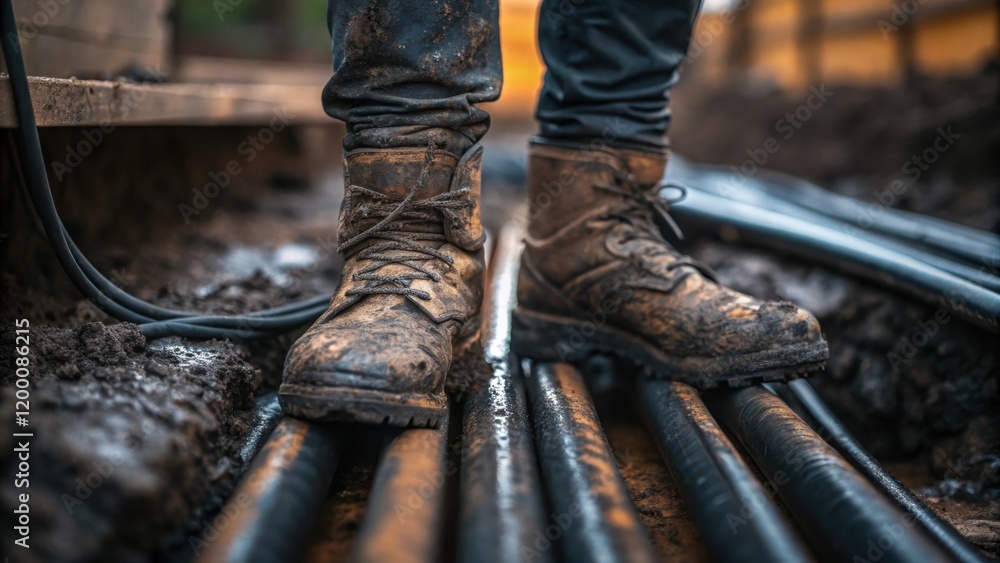 A medium closeup of a workers footwear caked in mud illustrating the challenging terrain faced while assembling the cable conduits underground.