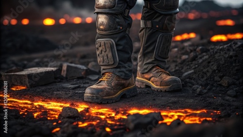 A medium closeup of a workers protective gear including a steeltoed boot and kneepads standing on the scorched ground amidst glowing slag. photo