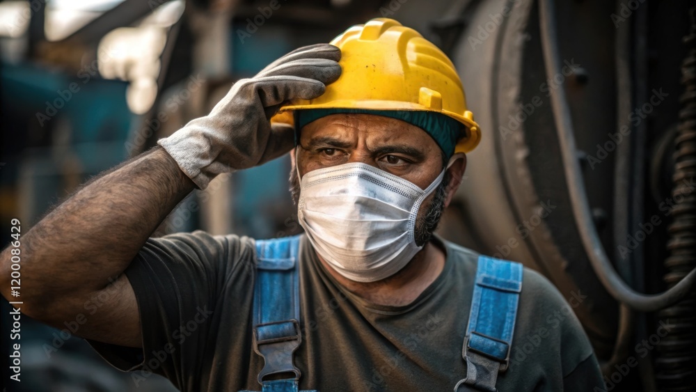 Fototapeta premium A medium closeup of a worker wiping sweat from their brow the mask creating a sense of labor intensity against a backdrop of machinery.