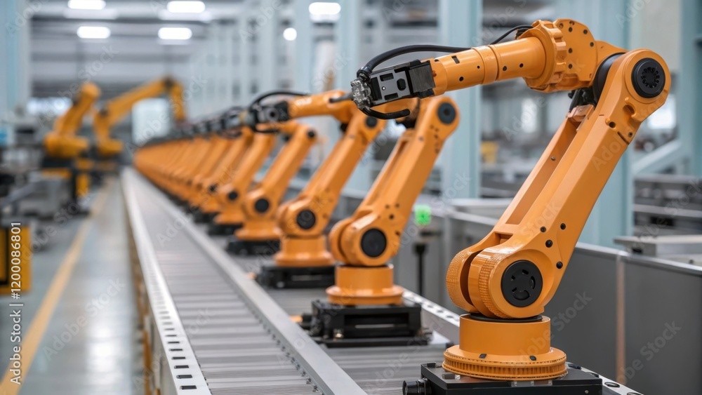 A medium closeup of multiple robotic arms working in sync on an assembly line creating a rhythm of motion as they perform repetitive tasks with accuracy. A medium closeup of multiple robotic arms working in sync on an assembly line creating a rhythm of motion as they perform repetitive tasks with accuracy.