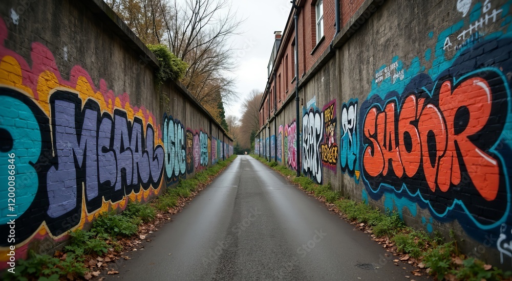 Fototapeta premium Desolate alleyway adorned with vibrant graffiti art against a gritty urban backdrop