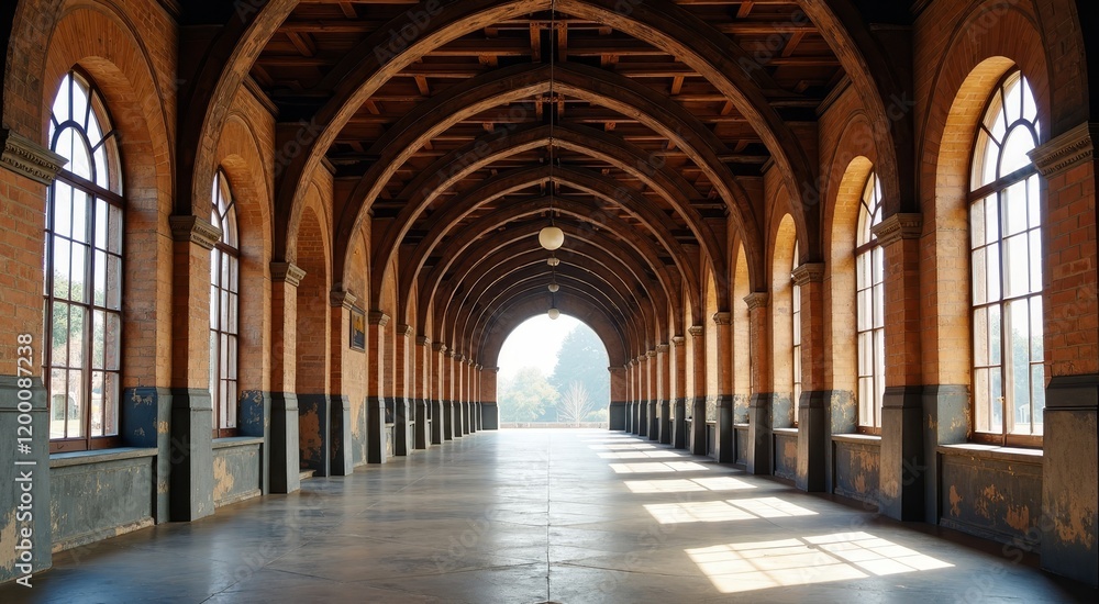 Elegant arches of a historic railway station with sunlight streaming through, showcasing timeless architectural beauty Elegant arches of a historic railway station with sunlight streaming through, showcasing timeless architectural beauty