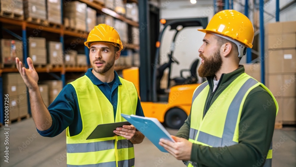 A medium closeup of two warehouse workers communicating one using hand signals to direct the operator of the nearby forklift as they rearrange stock. A medium closeup of two warehouse workers communicating one using hand signals to direct the operator of the nearby forklift as they rearrange stock.