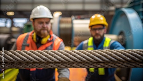 A medium closeup of workers conducting a pull test on a finished cable highlighting the strength and durability as they exert force surrounded by industrial machinery.