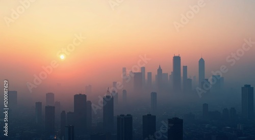 Wallpaper Mural Hazy cityscape at dawn with towering skyscrapers rising through early morning mist Torontodigital.ca