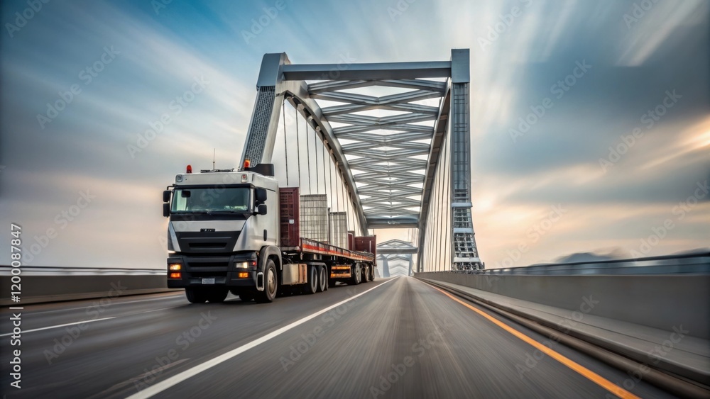 A medium closeup showcasing a truck carrying a section of a bridge with the road blurred in motion highlighting the scale of the transportation operation. A medium closeup showcasing a truck carrying a section of a bridge with the road blurred in motion highlighting the scale of the transportation operation.