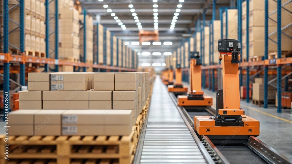 A medium closeup showcasing a section of the warehouse busy with automated machinery in action where stacks of products are efficiently positioned in a staged process for A medium closeup showcasing a section of the warehouse busy with automated machinery in action where stacks of products are efficiently positioned in a staged process for