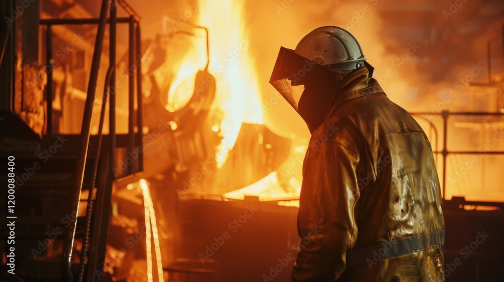 A steel mill worker operating a blast furnace, with molten metal and industrial machinery in the background, Steel mill scene A steel mill worker operating a blast furnace, with molten metal and industrial machinery in the background, Steel mill scene