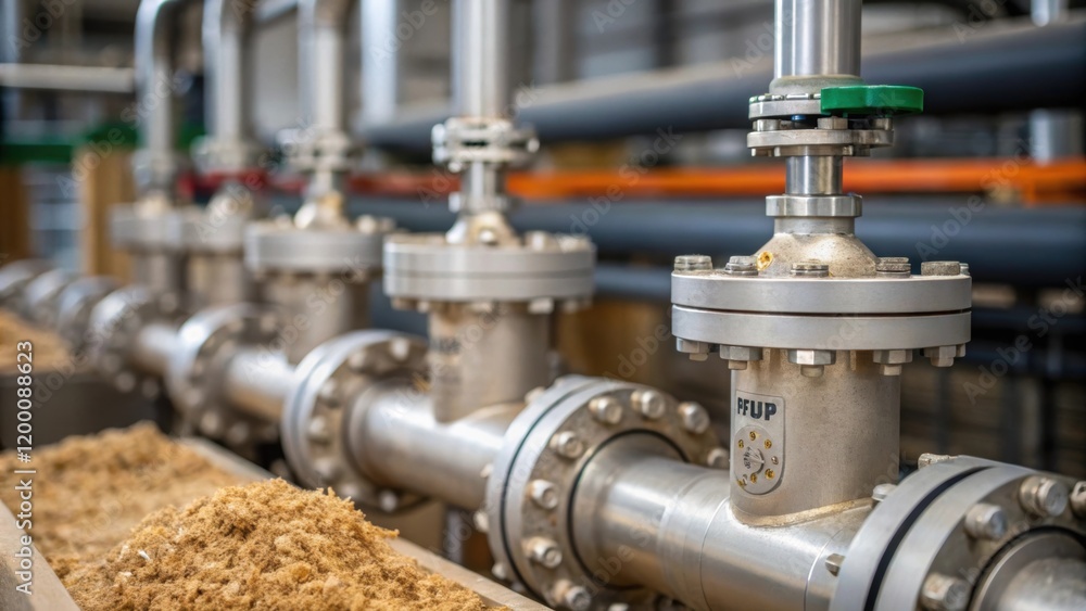 An intricate closeup of a biogas digestors equipment featuring valves and pipes with organic waste materials being processed in a large industrial setting. An intricate closeup of a biogas digestors equipment featuring valves and pipes with organic waste materials being processed in a large industrial setting.