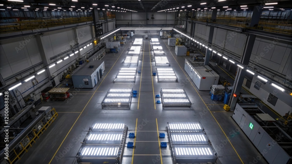 An overhead shot of a factory floor with several newly installed LED lights illuminating machinery highlighting the bright uniform light spread. An overhead shot of a factory floor with several newly installed LED lights illuminating machinery highlighting the bright uniform light spread.