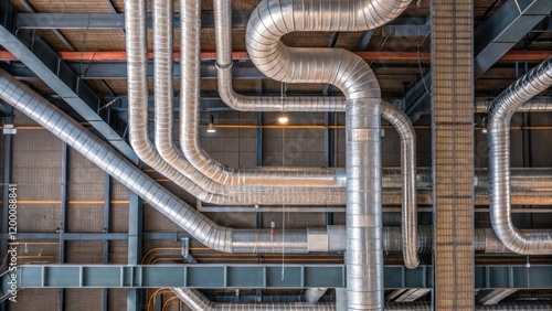 An overhead shot of a sprawling network of interconnected HVAC ducts with varying sizes and shapes highlighting the complexity of the system. photo