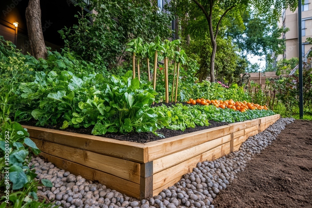 Flourishing Green Life In An Urban Environment Fresh Vegetables In Raised Garden Beds. Flourishing Green Life In An Urban Environment Fresh Vegetables In Raised Garden Beds.