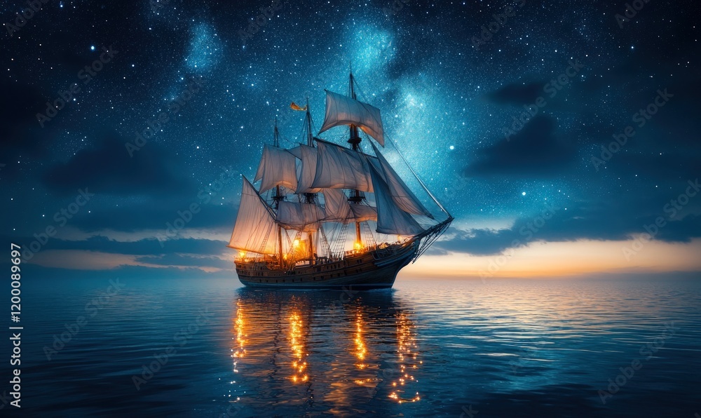 Fototapeta premium Sailing ship at night, starry sky, calm sea.