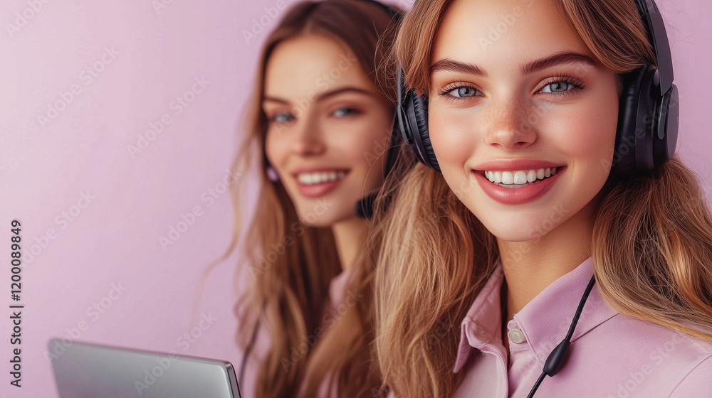 captures two young female call center operators smiling warmly while wearing headsets. The soft purple background creates a friendly and modern environment. Perfectly lit and sharply focused, this pho captures two young female call center operators smiling warmly while wearing headsets. The soft purple background creates a friendly and modern environment. Perfectly lit and sharply focused, this pho