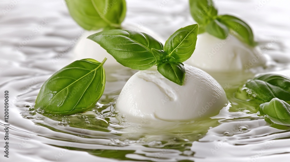 Fresh mozzarella balls and basil leaves in olive oil. Fresh mozzarella balls and basil leaves in olive oil.