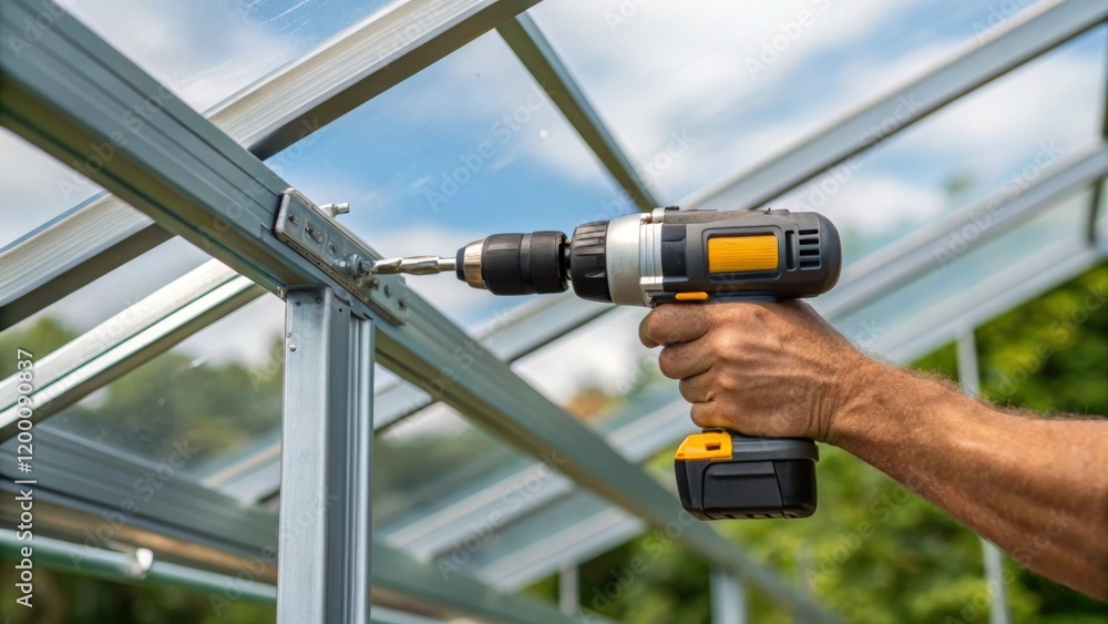Closeup of a power drill fastening hardware in the greenhouse framework showcasing the action and the muscular grip of the worker. Closeup of a power drill fastening hardware in the greenhouse framework showcasing the action and the muscular grip of the worker.