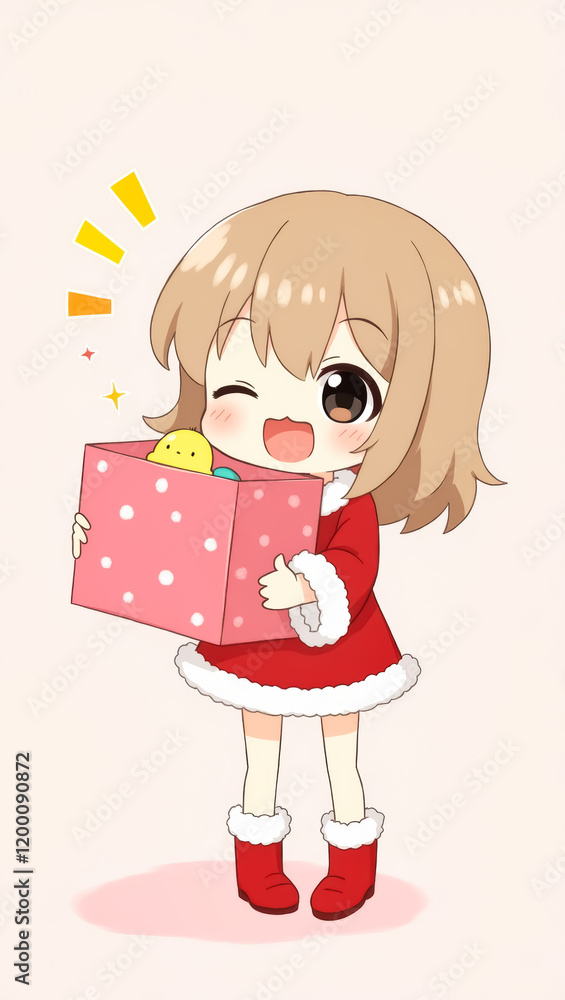 cheerful chibi girl in a santa dress holds a pink gift box radiating happiness and festive spirit cheerful chibi girl in a santa dress holds a pink gift box radiating happiness and festive spirit