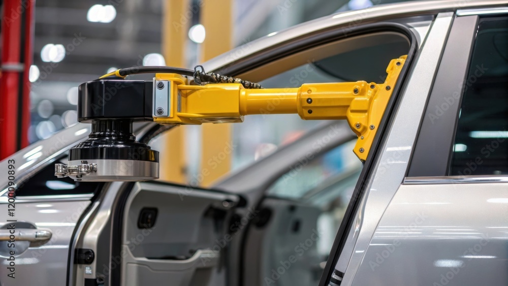Closeup of a robotic gripper securely holding a heavy car door demonstrating the strength and versatility of robotic technology in handling large components.