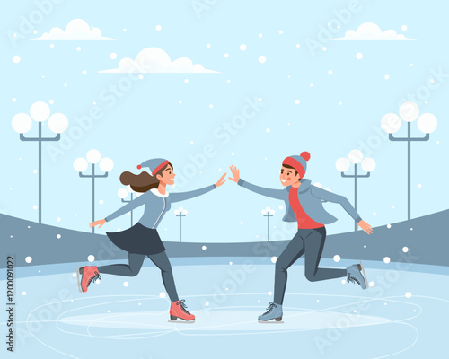 Couple skating together on winter ice rink. Winter sport, outdoor athletic activity. Flat illustration