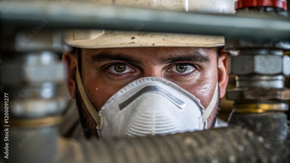 Fototapeta premium Closeup of a workers face partially covered by a dust mask showing concentration and determination as he performs a critical inspection on a complex fitting.