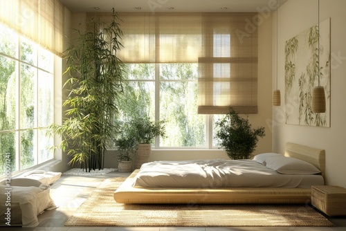 Serene minimalist bedroom with bamboo plants and sunlight