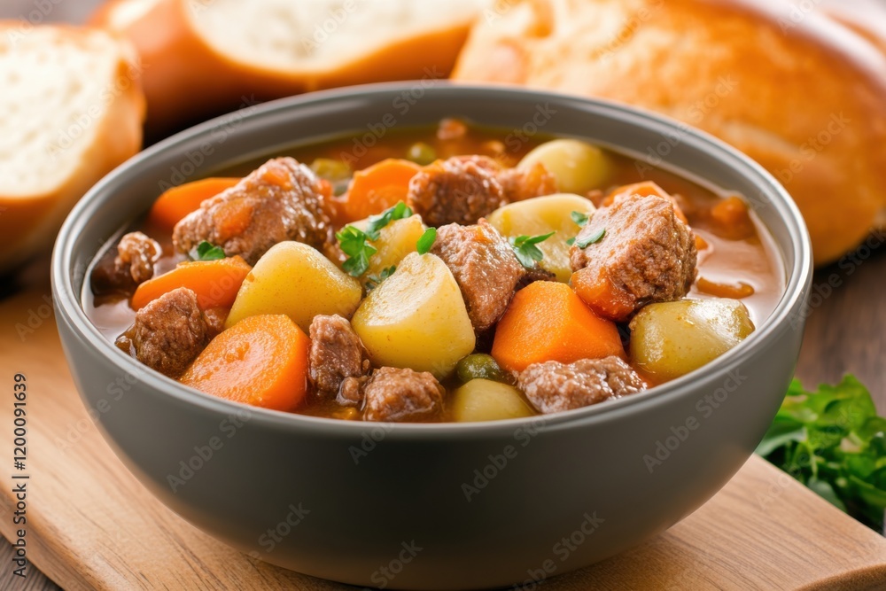 Warm and hearty vegetable and meat soup served in a stylish bowl with fresh bread on the side Warm and hearty vegetable and meat soup served in a stylish bowl with fresh bread on the side