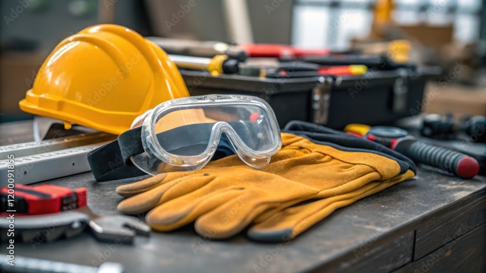 Closeup of protective gear such as gloves and goggles lying on a workbench symbolizing safety measures taken by workers in a highsecurity environment. Closeup of protective gear such as gloves and goggles lying on a workbench symbolizing safety measures taken by workers in a highsecurity environment.