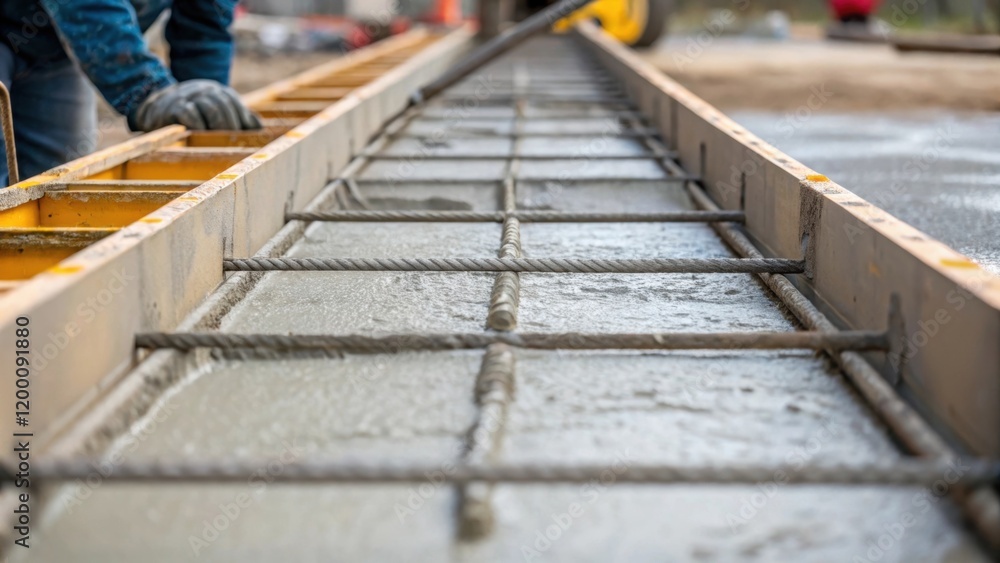 Closeup of reinforced concrete being poured into molds with the worker expertly smoothing the surface demonstrating the construction techniques used for stability. Closeup of reinforced concrete being poured into molds with the worker expertly smoothing the surface demonstrating the construction techniques used for stability.